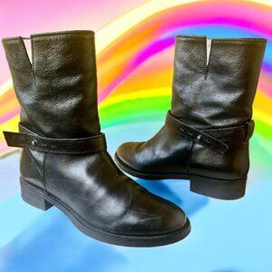 MADEWELL 1937 Biker Moto Boot Black Leather Pull On Ankle Strap Womens 7